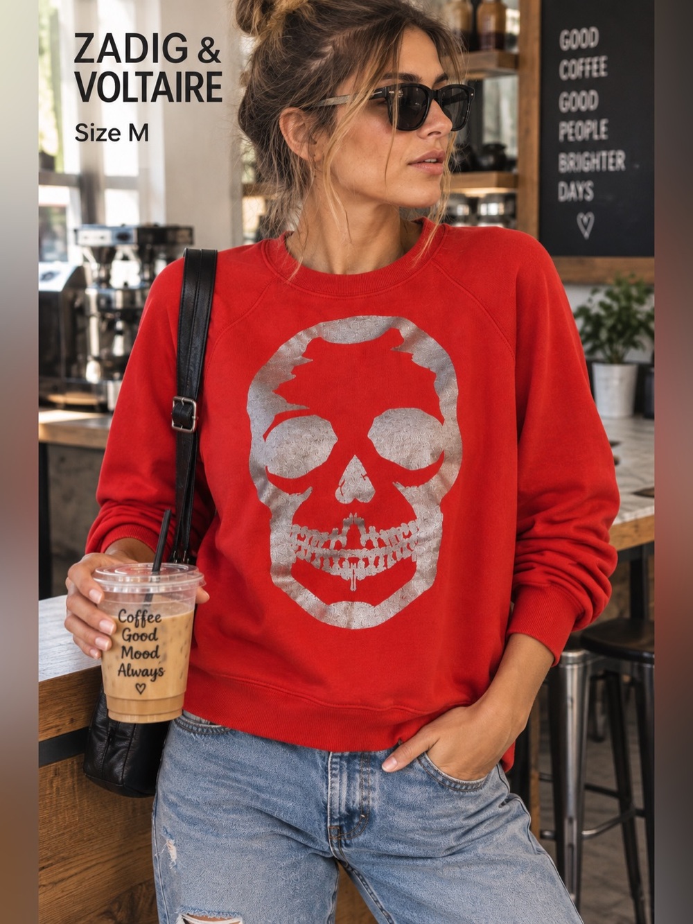 Zadig & Voltaire Upper Rock Skull Sweatshirt Womens M Red Metallic Graphic hallo